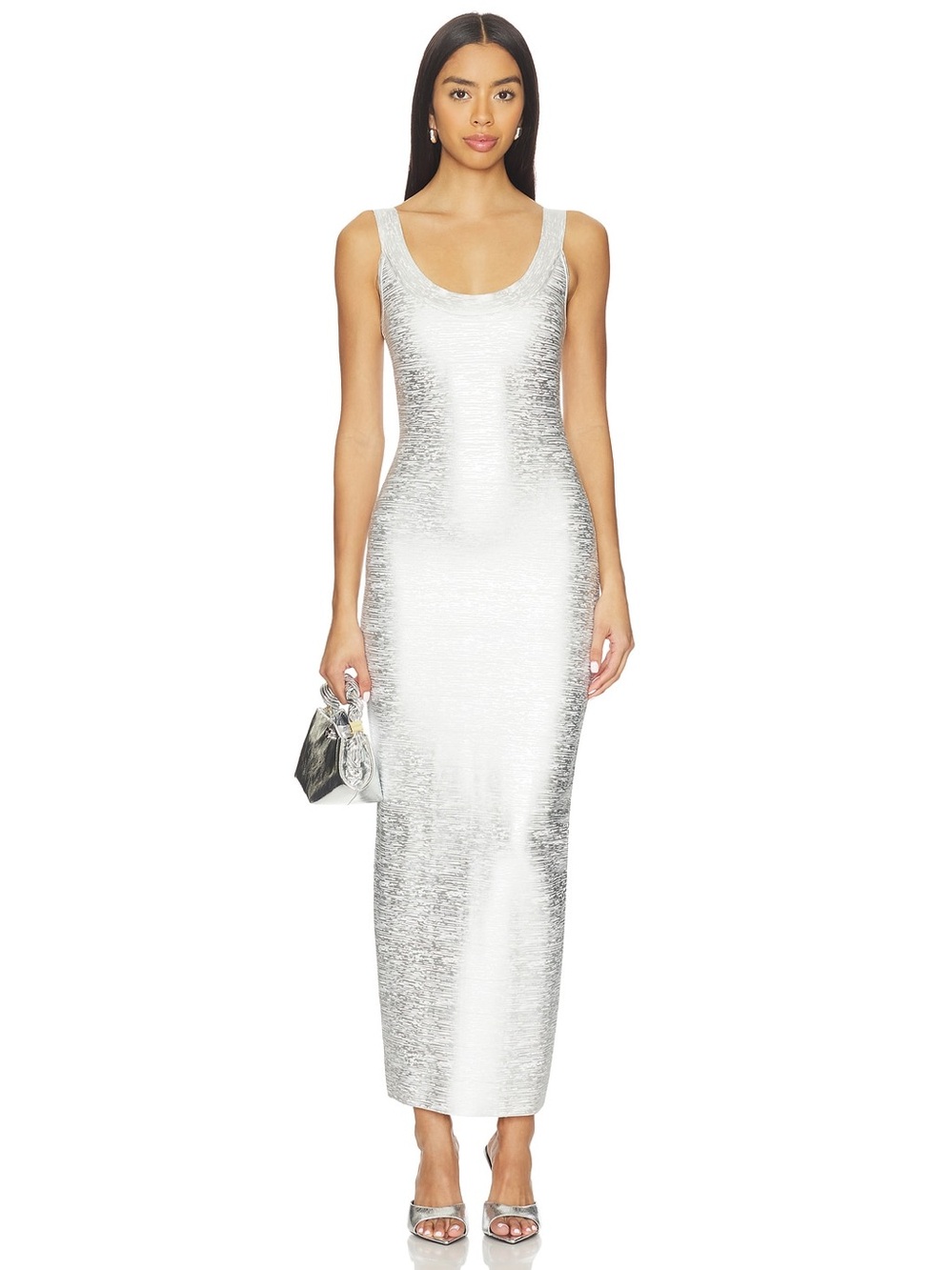 Superdown Revolve Perry Metallic Silver Bandage Scoop Neck Maxi Dress Small NWT